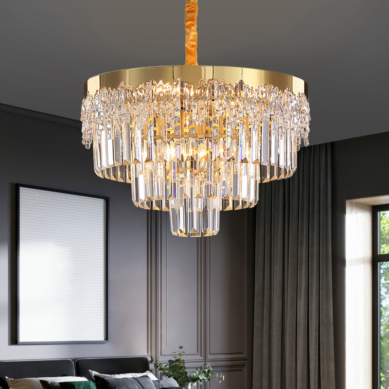 Minimalist 3-Layer Chandelier Crystal Rod Bedroom Suspended Lighting Fixture in Gold Clearhalo 'Ceiling Lights' 'Chandeliers' 'Modern Chandeliers' 'Modern' Lighting' 2336039