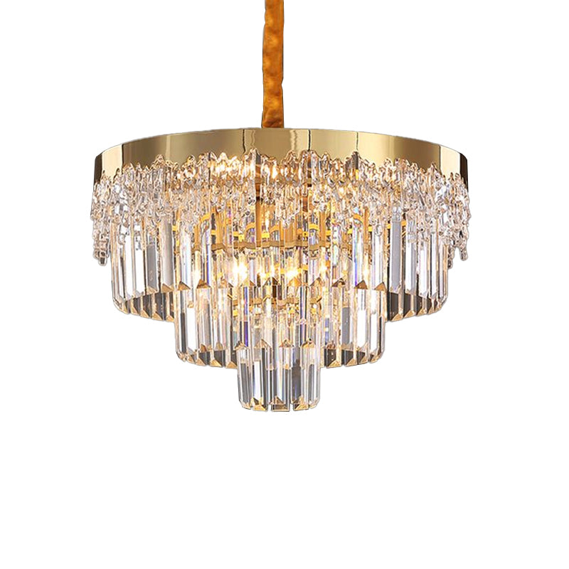 Minimalist 3-Layer Chandelier Crystal Rod Bedroom Suspended Lighting Fixture in Gold Clearhalo 'Ceiling Lights' 'Chandeliers' 'Modern Chandeliers' 'Modern' Lighting' 2336040
