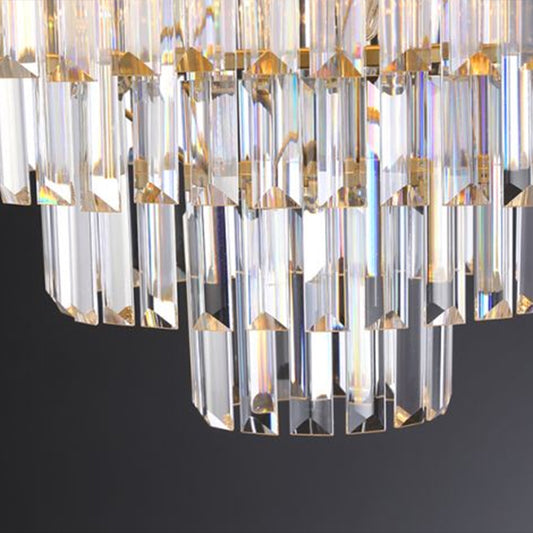 Minimalist 3-Layer Chandelier Crystal Rod Bedroom Suspended Lighting Fixture in Gold Clearhalo 'Ceiling Lights' 'Chandeliers' 'Modern Chandeliers' 'Modern' Lighting' 2336042