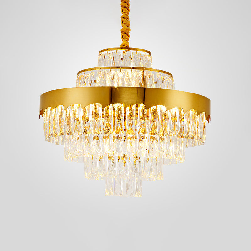 Crystal Rectangle Layers Chandelier Postmodern Golden Suspension Light for Living Room Gold 23" Clearhalo 'Ceiling Lights' 'Chandeliers' 'Modern Chandeliers' 'Modern' Lighting' 2336073