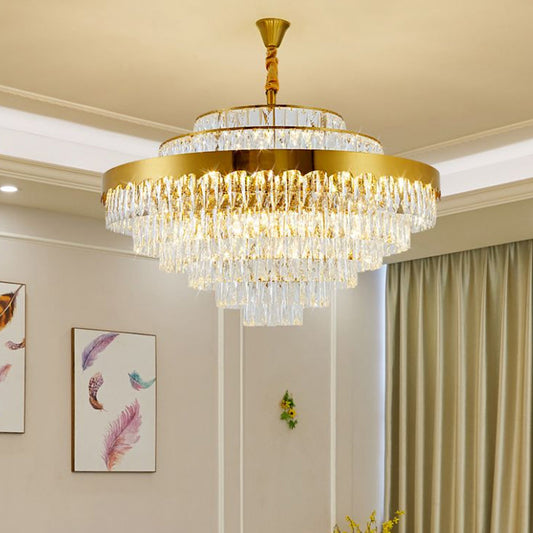 Crystal Rectangle Layers Chandelier Postmodern Golden Suspension Light for Living Room Clearhalo 'Ceiling Lights' 'Chandeliers' 'Modern Chandeliers' 'Modern' Lighting' 2336074