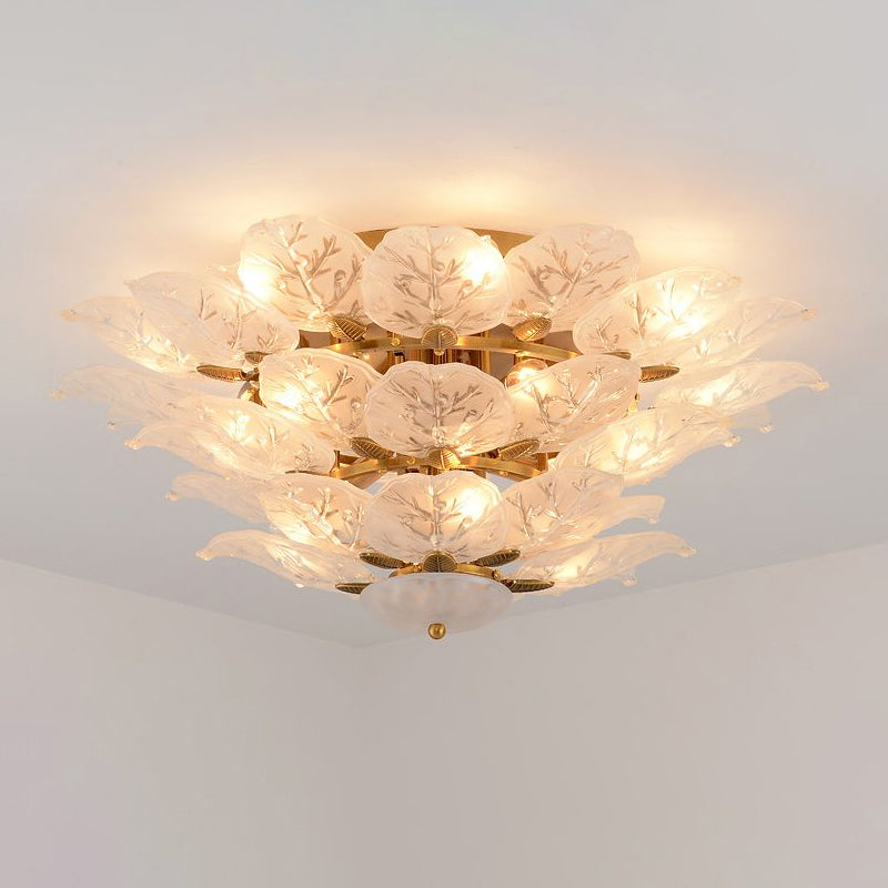 Leafy Semi Flush Mount Lamp Contemporary Frost Glass 10-Light Living Room Ceiling Fixture in Gold Clearhalo 'Ceiling Lights' 'Close To Ceiling Lights' 'Close to ceiling' 'Semi-flushmount' Lighting' 2336087