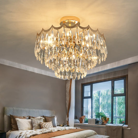 3-Layer Bedroom Ceiling Lighting Clear Crystal Drops 9-Bulb Modern Semi Flush Mount Chandelier in Gold Clearhalo 'Ceiling Lights' 'Close To Ceiling Lights' 'Close to ceiling' 'Semi-flushmount' Lighting' 2336091