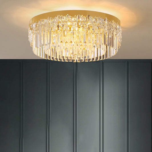 Drum Shaped Flush Mount Light Modern Tri-Sided Crystal Bar Gold Ceiling Light Fixture Gold 23.5" Clearhalo 'Ceiling Lights' 'Close To Ceiling Lights' 'Close to ceiling' 'Flush mount' Lighting' 2336101