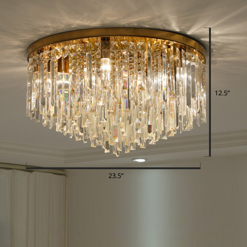 Round Bedroom Flushmount Lighting Clear Crystal Icicles Modern Ceiling Mounted Light Brass 23.5" Clearhalo 'Ceiling Lights' 'Close To Ceiling Lights' 'Close to ceiling' 'Flush mount' Lighting' 2336118