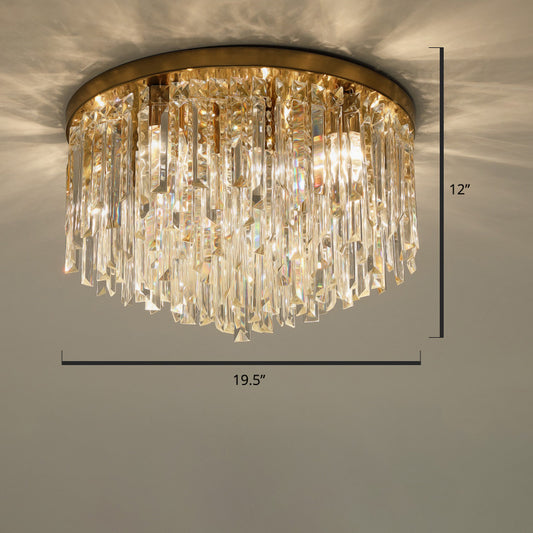 Round Bedroom Flushmount Lighting Clear Crystal Icicles Modern Ceiling Mounted Light Brass 19.5" Clearhalo 'Ceiling Lights' 'Close To Ceiling Lights' 'Close to ceiling' 'Flush mount' Lighting' 2336119