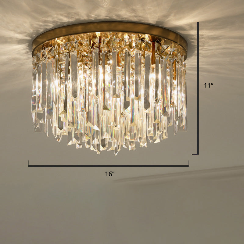 Round Bedroom Flushmount Lighting Clear Crystal Icicles Modern Ceiling Mounted Light Brass 16" Clearhalo 'Ceiling Lights' 'Close To Ceiling Lights' 'Close to ceiling' 'Flush mount' Lighting' 2336121