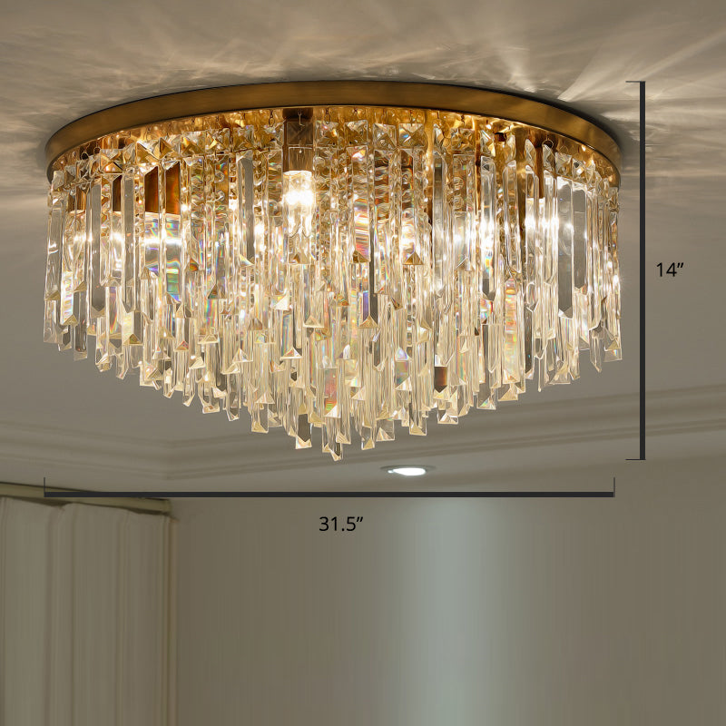 Round Bedroom Flushmount Lighting Clear Crystal Icicles Modern Ceiling Mounted Light Brass 31.5" Clearhalo 'Ceiling Lights' 'Close To Ceiling Lights' 'Close to ceiling' 'Flush mount' Lighting' 2336124