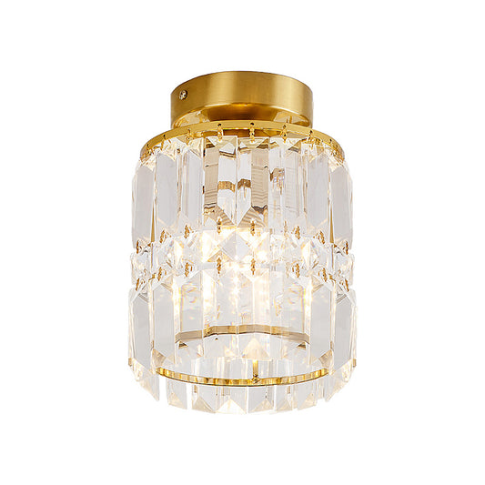 Clear Crystal Cylinder Ceiling Light Simple Style Single Brass Finish Semi Mount Lighting for Kitchen Clear Clearhalo 'Ceiling Lights' 'Close To Ceiling Lights' 'Close to ceiling' 'Flush mount' Lighting' 2336192