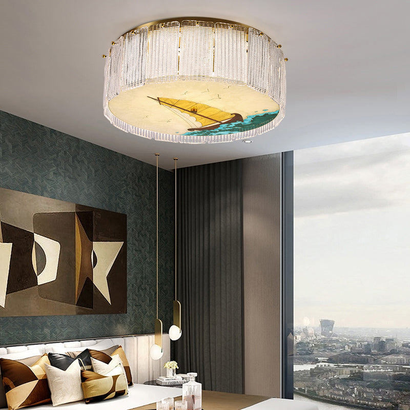 Hand-Paint Drum Shaped Flush Light Novelty Modern Crystal Bedroom LED Ceiling Fixture in Gold Clearhalo 'Ceiling Lights' 'Close To Ceiling Lights' 'Close to ceiling' 'Flush mount' Lighting' 2336241
