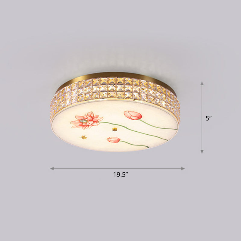Hand-Paint Drum Shaped Flush Light Novelty Modern Crystal Bedroom LED Ceiling Fixture in Gold Gold Flower Clearhalo 'Ceiling Lights' 'Close To Ceiling Lights' 'Close to ceiling' 'Flush mount' Lighting' 2336245