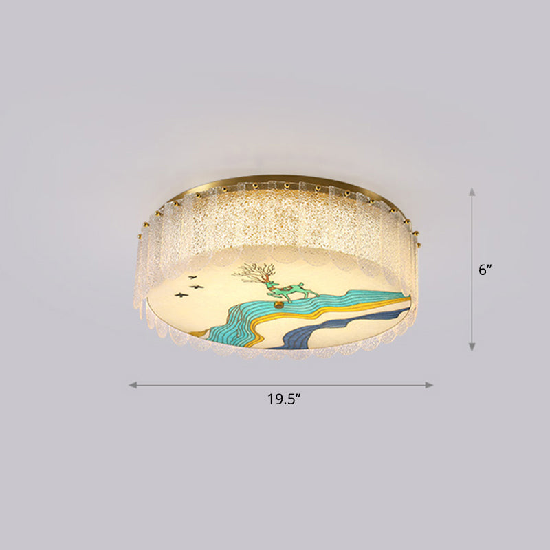 Hand-Paint Drum Shaped Flush Light Novelty Modern Crystal Bedroom LED Ceiling Fixture in Gold Gold Deer Clearhalo 'Ceiling Lights' 'Close To Ceiling Lights' 'Close to ceiling' 'Flush mount' Lighting' 2336250