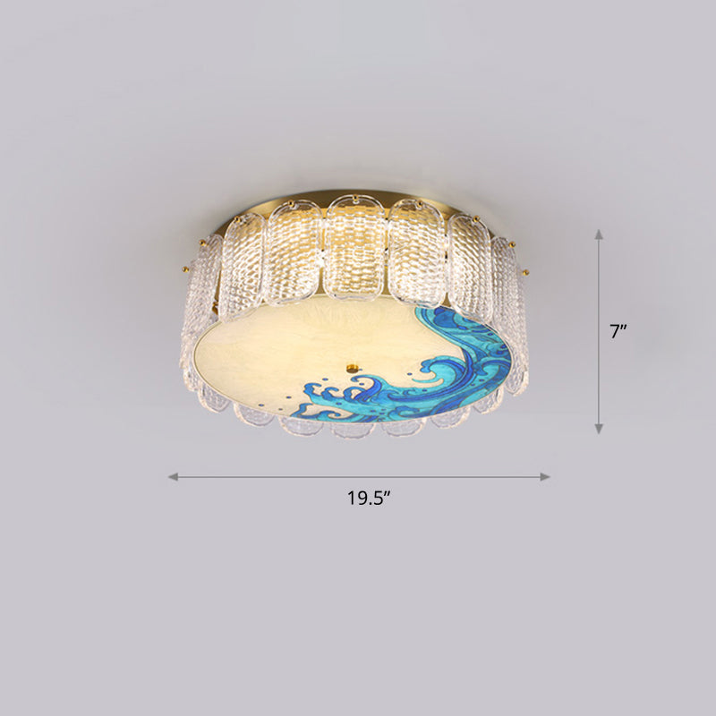 Hand-Paint Drum Shaped Flush Light Novelty Modern Crystal Bedroom LED Ceiling Fixture in Gold Gold Wavy Clearhalo 'Ceiling Lights' 'Close To Ceiling Lights' 'Close to ceiling' 'Flush mount' Lighting' 2336252