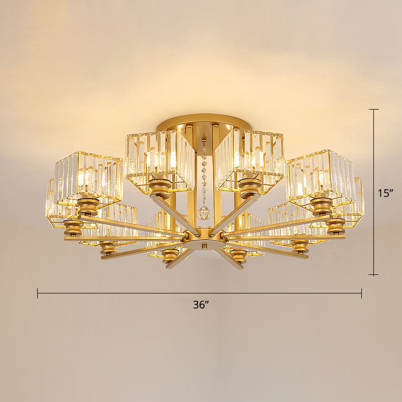 Square Semi Flush Light Fixture Contemporary Prismatic K9 Crystal Living Room Ceiling Lamp 10 Gold Clearhalo 'Ceiling Lights' 'Close To Ceiling Lights' 'Close to ceiling' 'Semi-flushmount' Lighting' 2336255