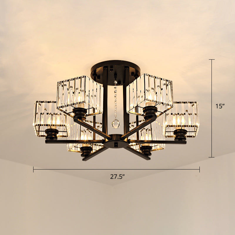 Square Semi Flush Light Fixture Contemporary Prismatic K9 Crystal Living Room Ceiling Lamp 6 Black Clearhalo 'Ceiling Lights' 'Close To Ceiling Lights' 'Close to ceiling' 'Semi-flushmount' Lighting' 2336264