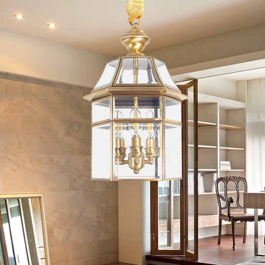 3 Bulbs Cage Ceiling Chandelier Traditional Clear Glass Suspended Lighting Fixture in Brass Brass Clearhalo 'Ceiling Lights' 'Chandeliers' 'Glass shade' 'Glass' Lighting' 233629