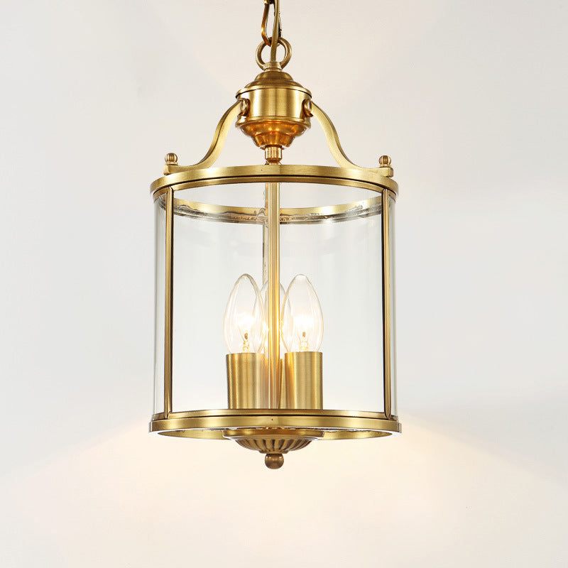 Cylinder Chandelier Lighting Minimalist Clear Glass Brass 3 Bulbs Hanging Ceiling Light, 8"/12" Wide Brass Clearhalo 'Ceiling Lights' 'Chandeliers' 'Glass shade' 'Glass' Lighting' 233635