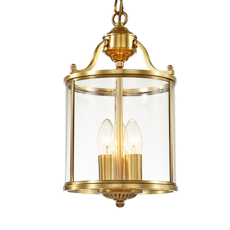 Cylinder Chandelier Lighting Minimalist Clear Glass Brass 3 Bulbs Hanging Ceiling Light, 8"/12" Wide Clearhalo 'Ceiling Lights' 'Chandeliers' 'Glass shade' 'Glass' Lighting' 233636