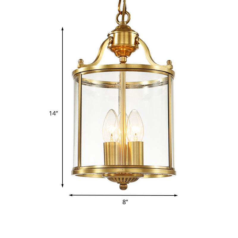 Cylinder Chandelier Lighting Minimalist Clear Glass Brass 3 Bulbs Hanging Ceiling Light, 8"/12" Wide Clearhalo 'Ceiling Lights' 'Chandeliers' 'Glass shade' 'Glass' Lighting' 233637