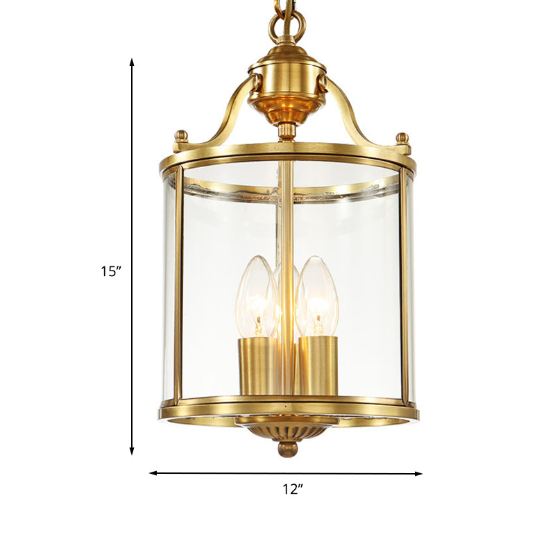 Cylinder Chandelier Lighting Minimalist Clear Glass Brass 3 Bulbs Hanging Ceiling Light, 8"/12" Wide Clearhalo 'Ceiling Lights' 'Chandeliers' 'Glass shade' 'Glass' Lighting' 233638