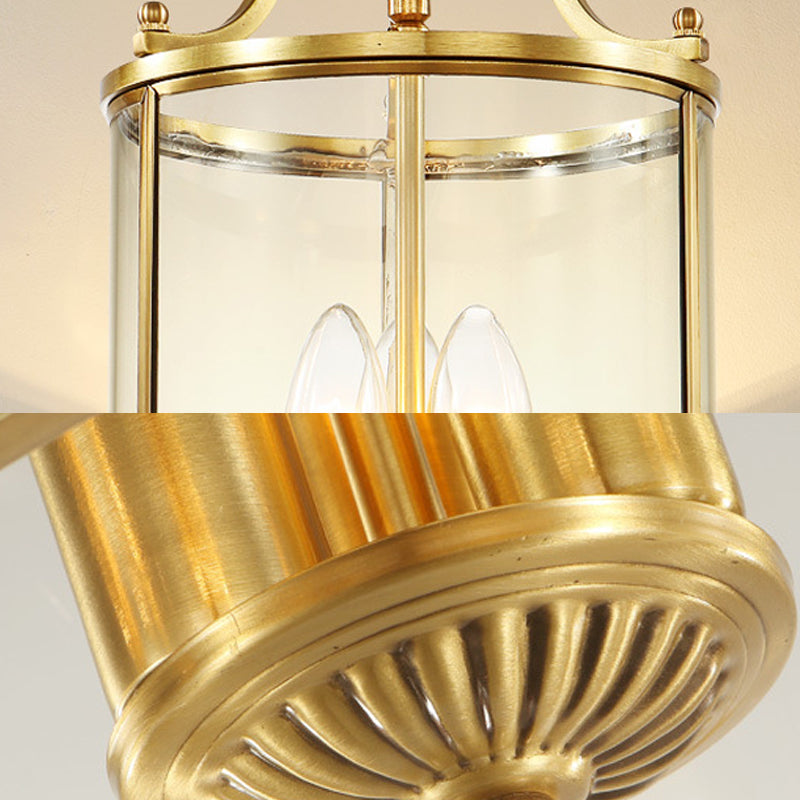 Cylinder Chandelier Lighting Minimalist Clear Glass Brass 3 Bulbs Hanging Ceiling Light, 8"/12" Wide Clearhalo 'Ceiling Lights' 'Chandeliers' 'Glass shade' 'Glass' Lighting' 233639