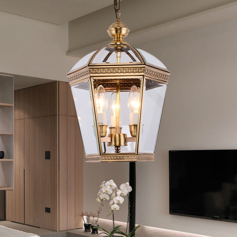 Brass Tapered Chandelier Lamp Nordic Clear Glass 3 Bulbs Hanging Ceiling Light for Living Room Clearhalo 'Ceiling Lights' 'Chandeliers' 'Glass shade' 'Glass' Lighting' 233660