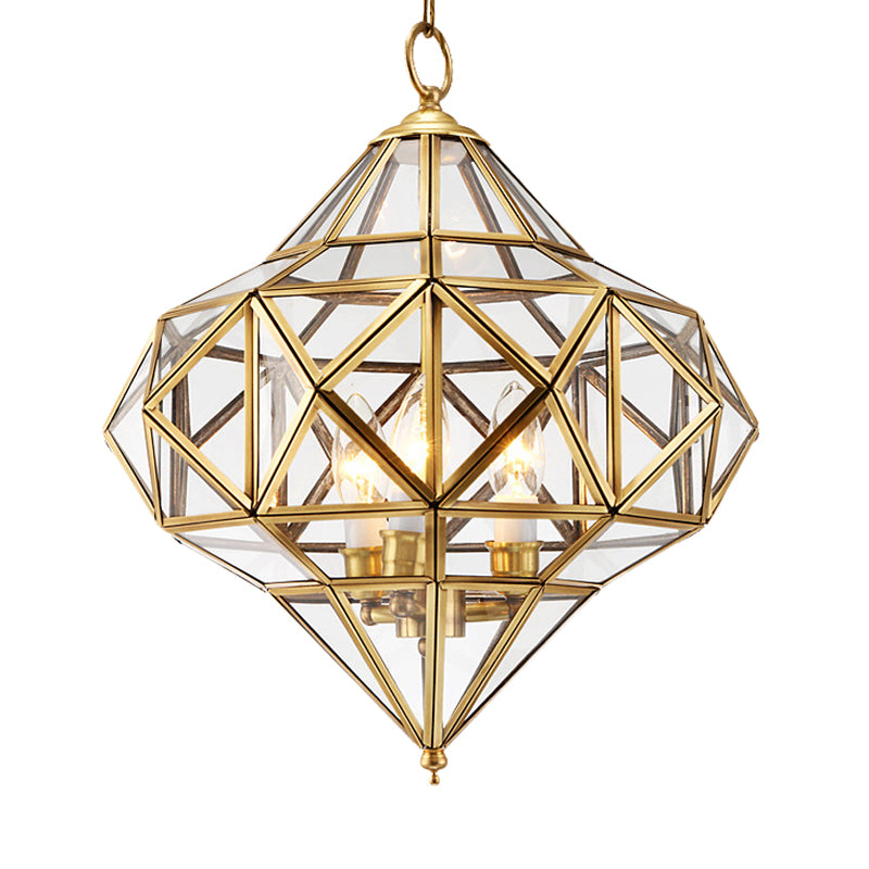 Clear Glass Geometrical Chandelier Lamp Retro 3 Bulbs Brass Pendant Lighting Fixture for Bedroom Clearhalo 'Ceiling Lights' 'Chandeliers' 'Glass shade' 'Glass' Lighting' 233671