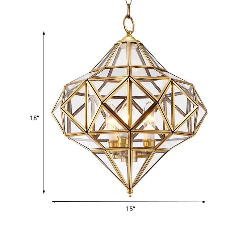 Clear Glass Geometrical Chandelier Lamp Retro 3 Bulbs Brass Pendant Lighting Fixture for Bedroom Clearhalo 'Ceiling Lights' 'Chandeliers' 'Glass shade' 'Glass' Lighting' 233672