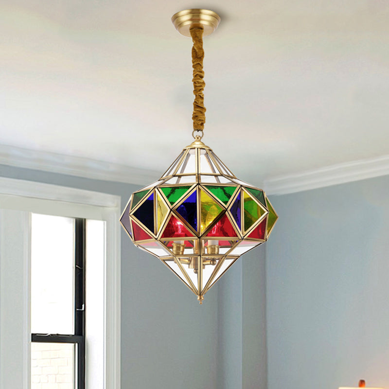 Splicing Chandelier Lamp Colonial Stained Glass 3 Heads Brass Pendant Lighting Fixture Brass Clearhalo 'Ceiling Lights' 'Chandeliers' 'Glass shade' 'Glass' Lighting' 233674