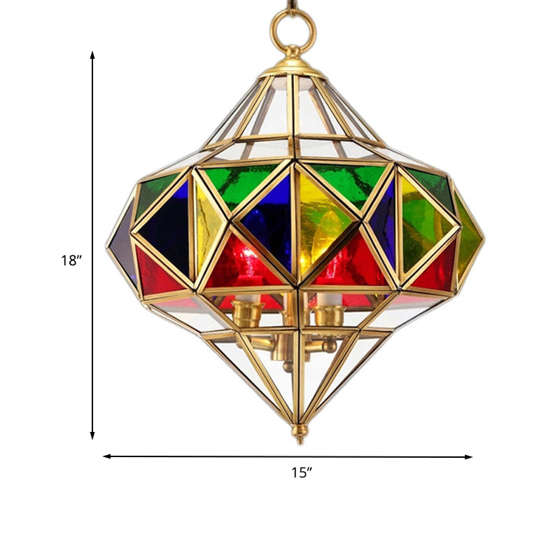 Splicing Chandelier Lamp Colonial Stained Glass 3 Heads Brass Pendant Lighting Fixture Clearhalo 'Ceiling Lights' 'Chandeliers' 'Glass shade' 'Glass' Lighting' 233677