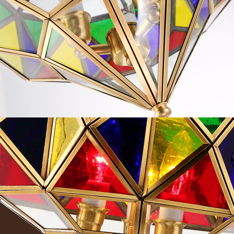 Splicing Chandelier Lamp Colonial Stained Glass 3 Heads Brass Pendant Lighting Fixture Clearhalo 'Ceiling Lights' 'Chandeliers' 'Glass shade' 'Glass' Lighting' 233678