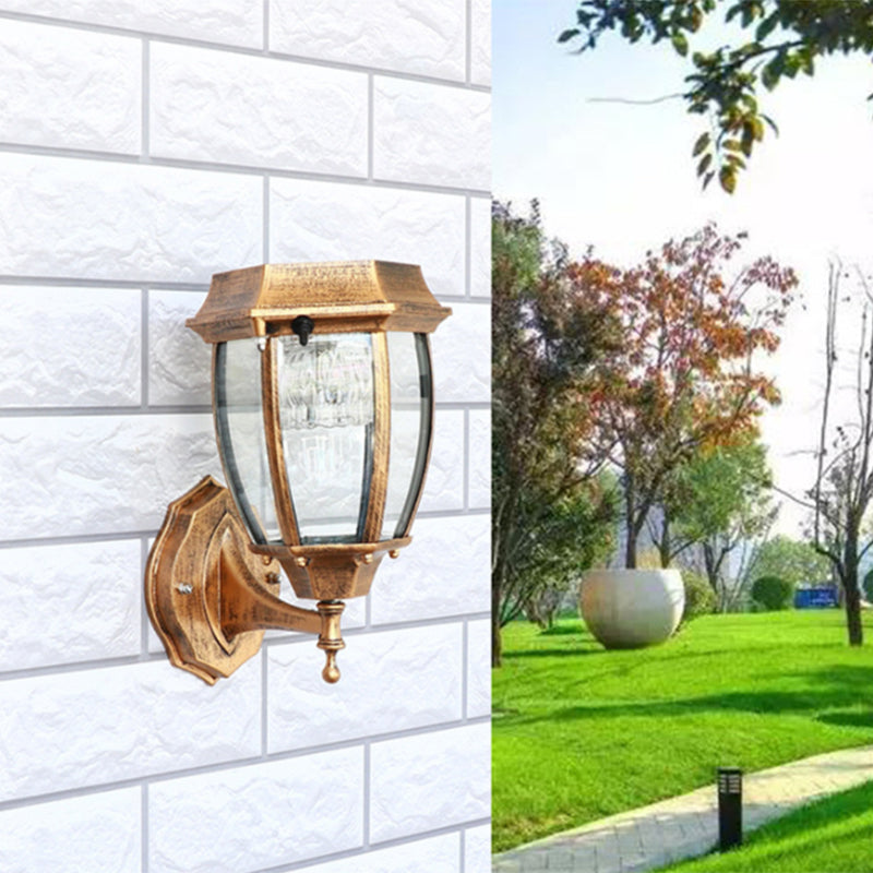 Solar LED Wall Lamp Traditional Transparent Glass Bell Sconce Lighting for Courtyard Bronze 7.5" Solar Clearhalo 'Wall Lamps & Sconces' 'Wall Lights' Lighting' 2336863