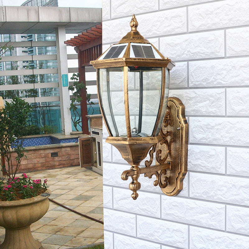 Solar LED Wall Lamp Traditional Transparent Glass Bell Sconce Lighting for Courtyard Bronze 10.5" Solar Clearhalo 'Wall Lamps & Sconces' 'Wall Lights' Lighting' 2336865