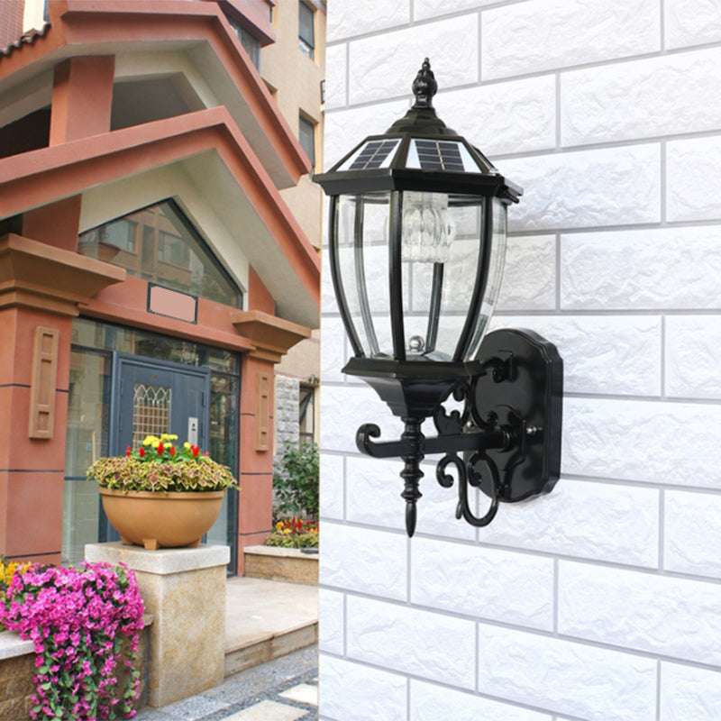 Solar LED Wall Lamp Traditional Transparent Glass Bell Sconce Lighting for Courtyard Black 9" Solar Clearhalo 'Wall Lamps & Sconces' 'Wall Lights' Lighting' 2336867