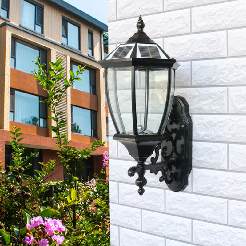 Solar LED Wall Lamp Traditional Transparent Glass Bell Sconce Lighting for Courtyard Black 10.5" Solar Clearhalo 'Wall Lamps & Sconces' 'Wall Lights' Lighting' 2336868