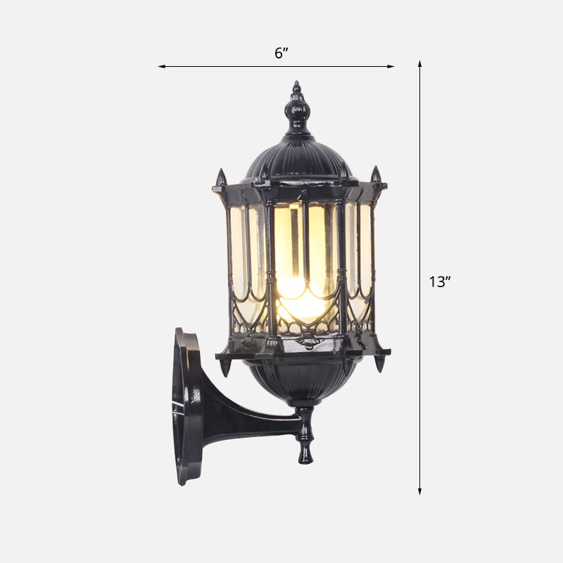 Clear Glass Cylinder Lantern Sconce Retro 1 Bulb Patio Wall Mounted Light Fixture Black 6" Standard Clearhalo 'Wall Lamps & Sconces' 'Wall Lights' Lighting' 2336886