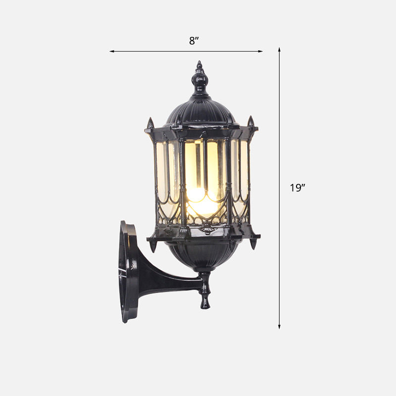 Clear Glass Cylinder Lantern Sconce Retro 1 Bulb Patio Wall Mounted Light Fixture Black 8" Standard Clearhalo 'Wall Lamps & Sconces' 'Wall Lights' Lighting' 2336887