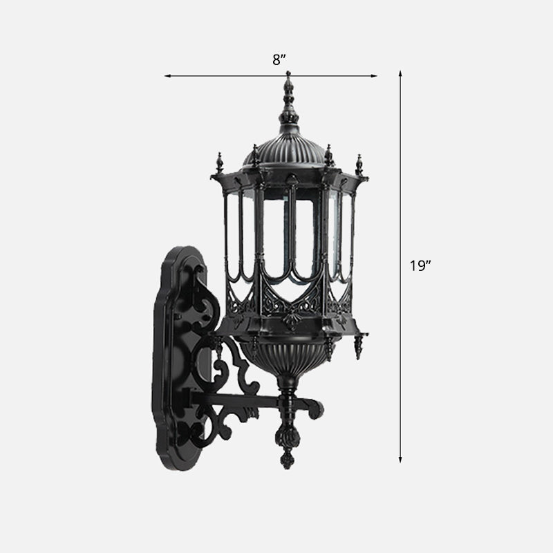 Clear Glass Cylinder Lantern Sconce Retro 1 Bulb Patio Wall Mounted Light Fixture Black 8" with Lace Clearhalo 'Wall Lamps & Sconces' 'Wall Lights' Lighting' 2336891