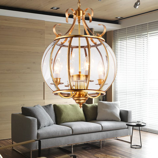 Clear Glass Global Chandelier Lamp Modern 4 Bulbs Brass Pendant Lighting Fixture for Living Room Brass Clearhalo 'Ceiling Lights' 'Chandeliers' 'Glass shade' 'Glass' Lighting' 233700