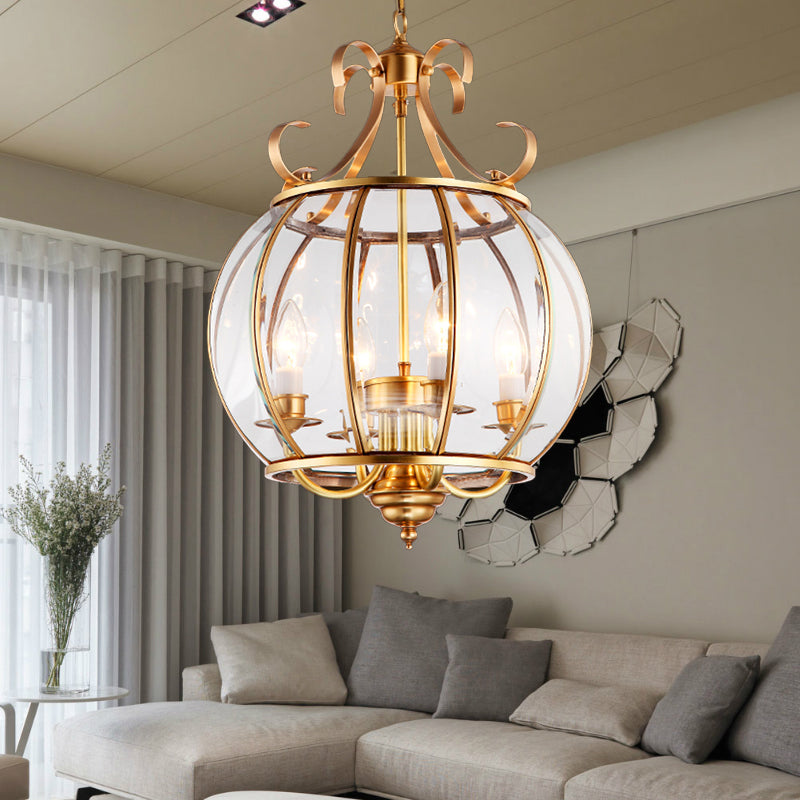 Clear Glass Global Chandelier Lamp Modern 4 Bulbs Brass Pendant Lighting Fixture for Living Room Clearhalo 'Ceiling Lights' 'Chandeliers' 'Glass shade' 'Glass' Lighting' 233701