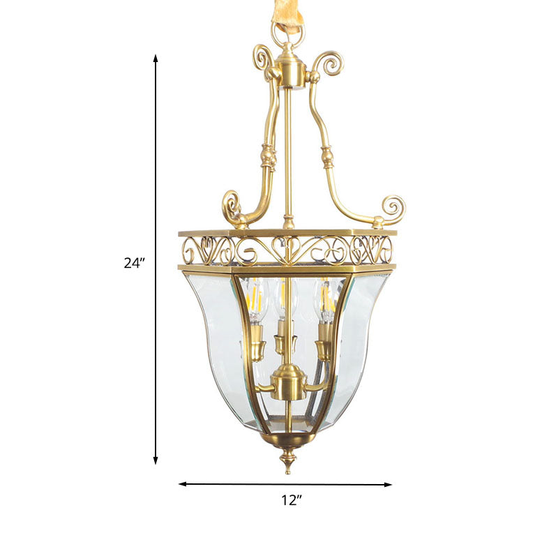Brass Tapered Chandelier Lamp Retro 3 Heads Clear Glass Ceiling Pendant Light for Balcony Clearhalo 'Ceiling Lights' 'Chandeliers' 'Glass shade' 'Glass' Lighting' 233714