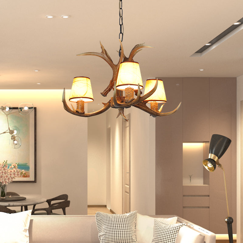 Cone Resin Pendant Lighting Traditional 3/5/6-Bulb Living Room Chandelier Light with Deer Antler in Khaki Clearhalo 'Ceiling Lights' 'Chandeliers' Lighting' options 233716