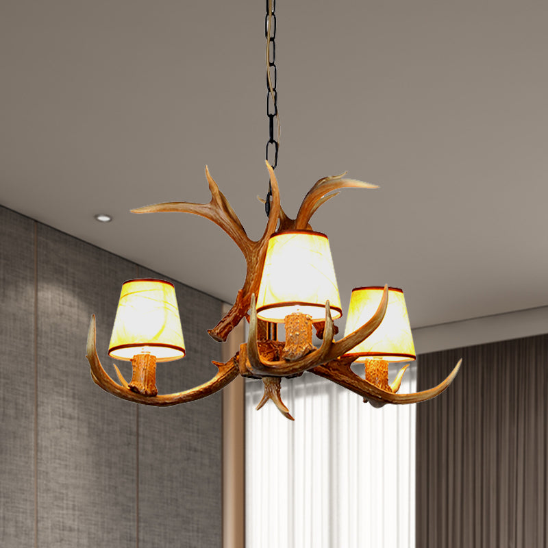 Cone Resin Pendant Lighting Traditional 3/5/6-Bulb Living Room Chandelier Light with Deer Antler in Khaki Clearhalo 'Ceiling Lights' 'Chandeliers' Lighting' options 233717