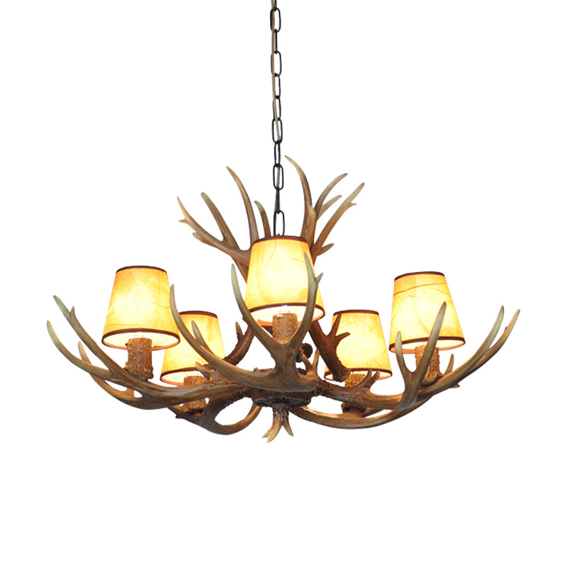 Cone Resin Pendant Lighting Traditional 3/5/6-Bulb Living Room Chandelier Light with Deer Antler in Khaki Clearhalo 'Ceiling Lights' 'Chandeliers' Lighting' options 233722