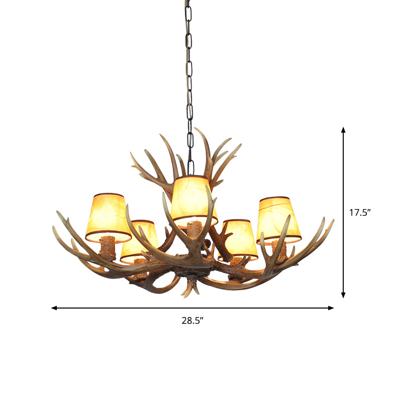 Cone Resin Pendant Lighting Traditional 3/5/6-Bulb Living Room Chandelier Light with Deer Antler in Khaki Clearhalo 'Ceiling Lights' 'Chandeliers' Lighting' options 233723