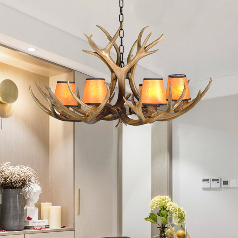 Cone Resin Pendant Lighting Traditional 3/5/6-Bulb Living Room Chandelier Light with Deer Antler in Khaki Clearhalo 'Ceiling Lights' 'Chandeliers' Lighting' options 233724