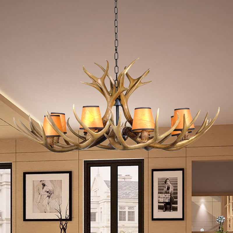 Cone Resin Pendant Lighting Traditional 3/5/6-Bulb Living Room Chandelier Light with Deer Antler in Khaki Clearhalo 'Ceiling Lights' 'Chandeliers' Lighting' options 233728