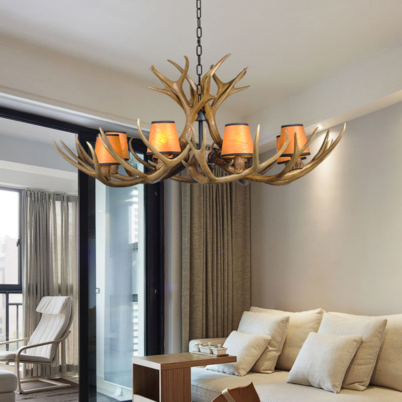 Cone Resin Pendant Lighting Traditional 3/5/6-Bulb Living Room Chandelier Light with Deer Antler in Khaki Clearhalo 'Ceiling Lights' 'Chandeliers' Lighting' options 233729