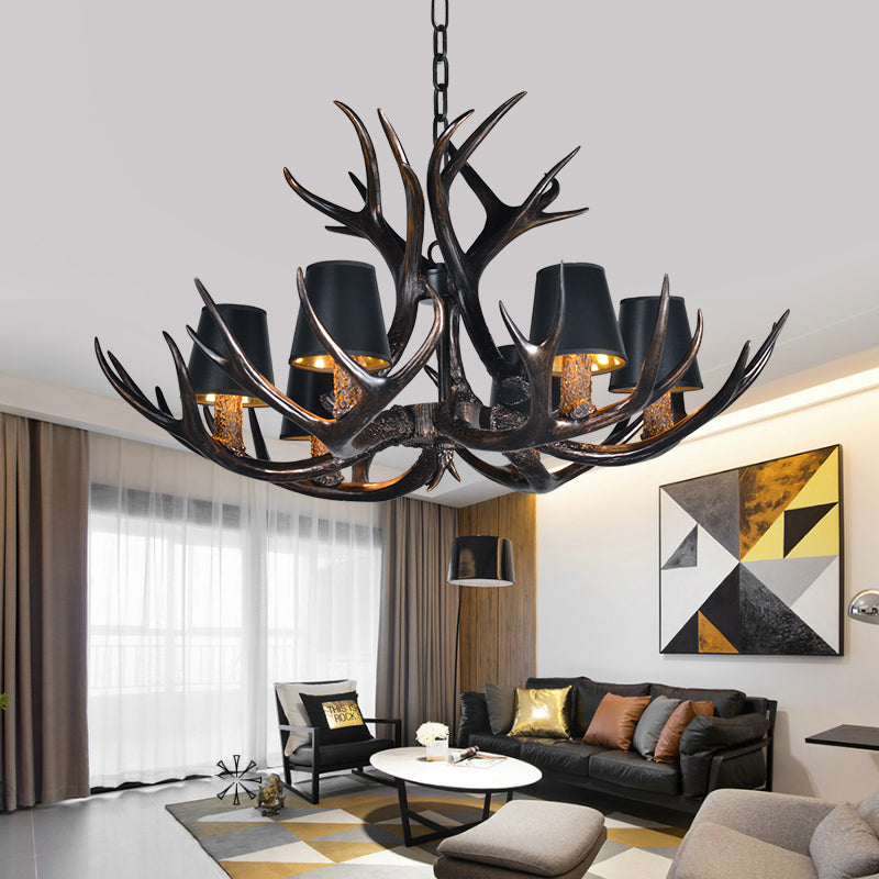 Black 3/6/8 Lights Chandelier Lighting Rustic Resin Conical Pendant Lamp with Faux Antler for Bedroom Clearhalo 'Ceiling Lights' 'Chandeliers' Lighting' options 233740