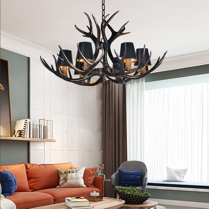 Black 3/6/8 Lights Chandelier Lighting Rustic Resin Conical Pendant Lamp with Faux Antler for Bedroom Clearhalo 'Ceiling Lights' 'Chandeliers' Lighting' options 233741